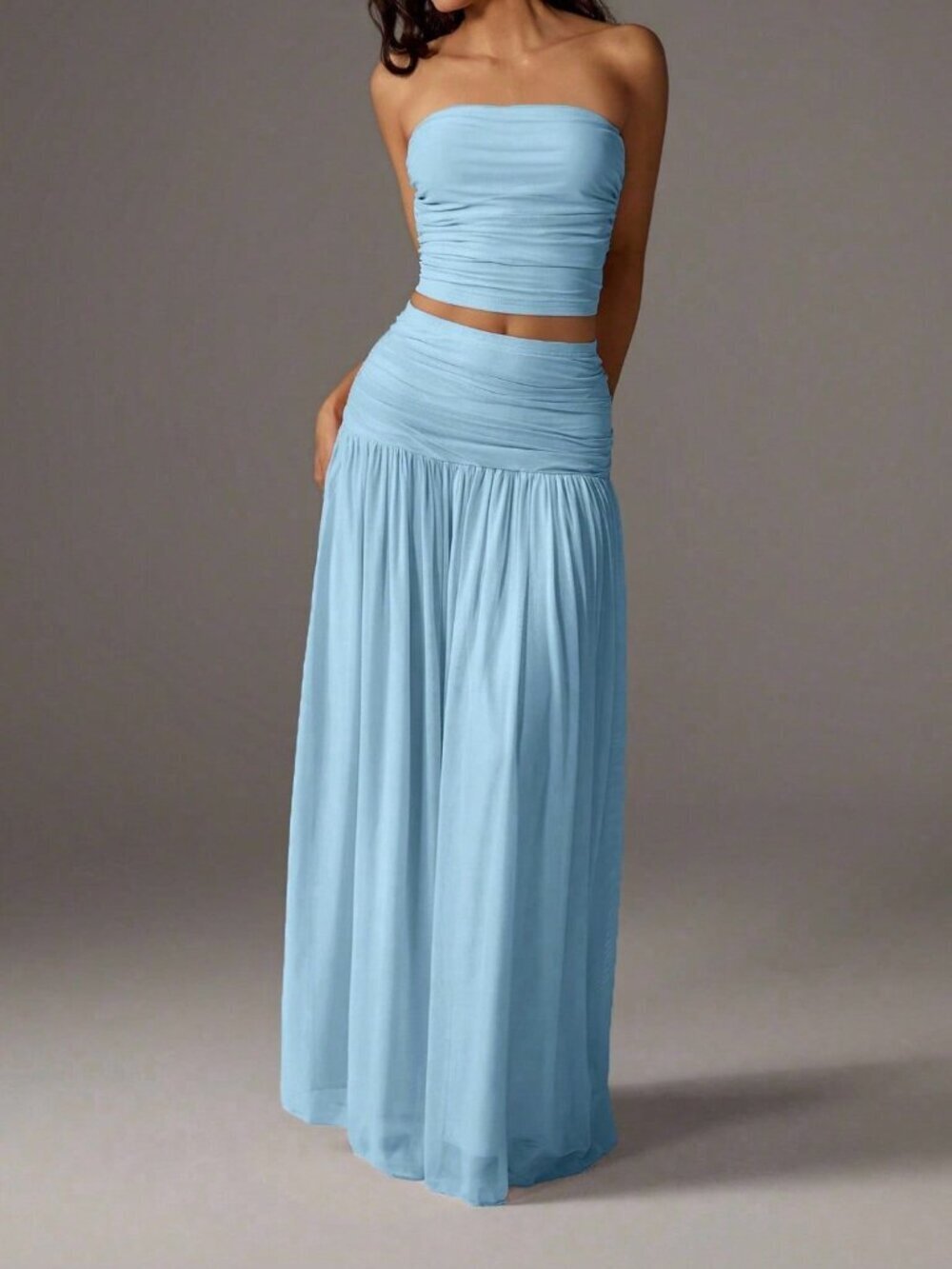 Baby Blue Romantic Mesh Women's Bandeau Top with High Waist Ruched Maxi Skirt